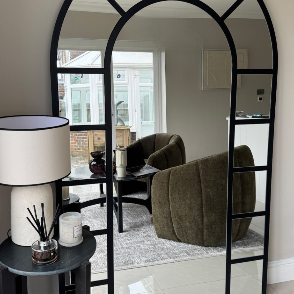 Brooklyn Black Curved Top Large Grid Mirror